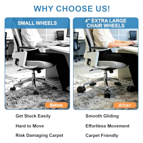 Stufool 5 Pack 4'' Extra Large Chair Wheels for Carpet – Heavy-Duty Office Chair Casters 7/16 x 7/8 Grip Ring