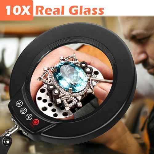 10X Magnifying Glass with Light and Stand, Real Glass Lens Magnifying Desk Lamp, Lighted Magnifier with Light Stepless Dimming Hands Free for Craft, Reading, Painting, Sewing, Solder