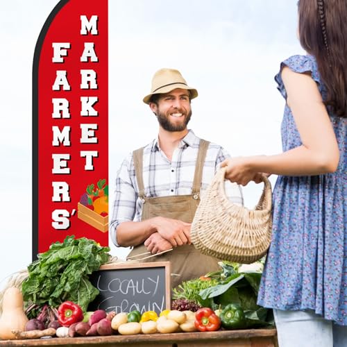 15 ft Farmers Market Advertising Feather Flag with Pole and Ground Stake, Fresh Produce Farmers Market Swooper Flag Banner Decor for Fruits Vegetables Fresh Produce Food Business Stands