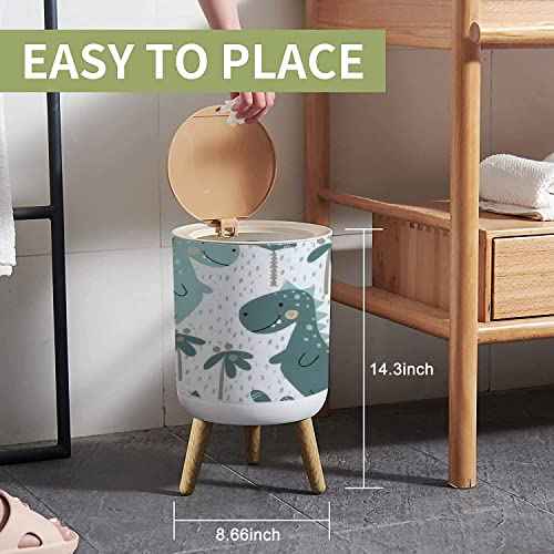 Dinosaur Kids Small Cute Bathroom Trash Can with Lid, Kawaii Dog Child Proof Dino Palm Garbage Bin, Wood Waste Bin, Press Cover, Round Wastebasket, 8.66 x 14.3 inch