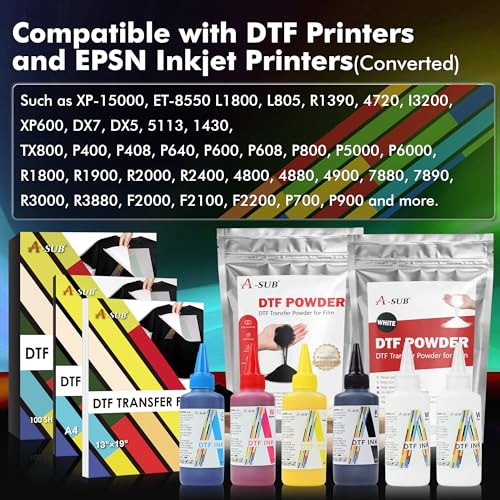 A-SUB DTF Ink 600ML, Compatible with DTF Printer ET-8550, XP-15000, L1800, L805, R390, R240 for Printing with DTF Film, 6x100ML-CMYK Wh