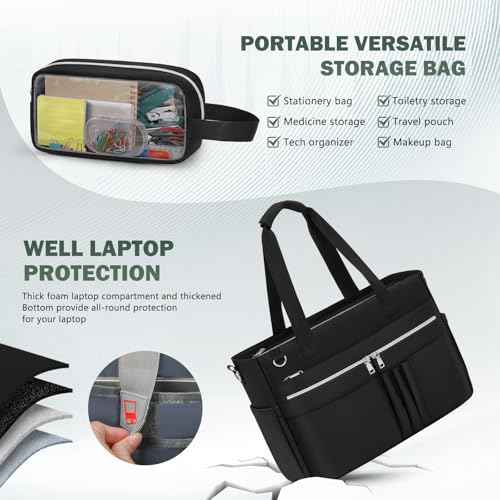 RAINSMORE Teacher Tote Bag for Women 15.6 Inch Laptop Briefcase with Clutch Bag, Nurse Bags Professional Work Handbag for Office College Nursing, Large Utility Tote Messenger Shoulder Bag, Black