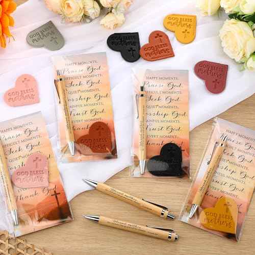 Remuuly Mothers Day Christian Gifts Bulk for Mom God Bless Mothers Leather Heart Bookmarks Bible Verse Bamboo Scripture Pen with Motivational Inspirational Card for Church Activities(60 Set)