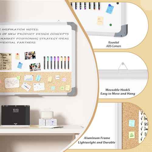 White Board Cork Board Combo, 24¡¿18 inch for Office, Home, School, Vision Board, Pin Bulletin, Markers, Eraser, Magnets, Pins (Horizontal)