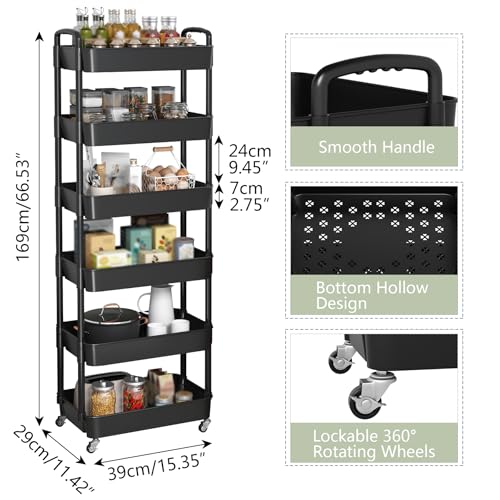 Sywhitta 6-Tier Plastic Rolling Utility Cart with Handle, Multi-Functional Storage Trolley for Office, Living Room, Kitchen, Movable Storage Organizer with Wheels, Black