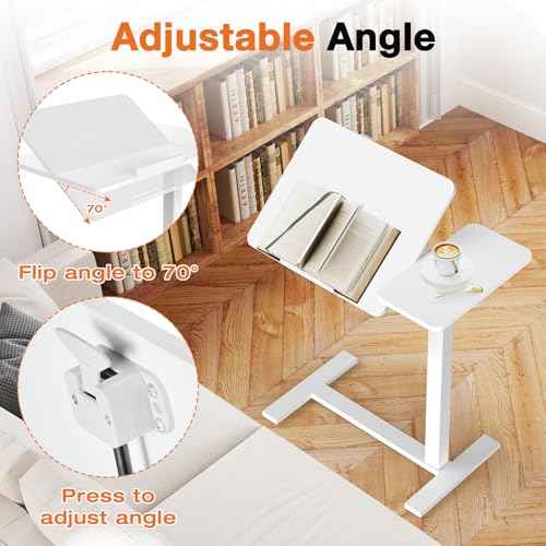 Sweetcrispy Small Standing Desk Rolling Table Adjustable Height, Laptop Mobile Stand with Wheels, Portable Computer Workstation with Tiltable Desktop for Teacher Classroom Home Office, White
