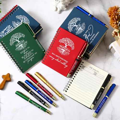 80 Pcs/ 40 Set Christian Christmas Gifts Bulk Spiral Notebooks with Bible Pen Prayer Journal Bible Verse A6 Tree of Life Scripture Notepad for Religious Church Holiday (80, English Special)