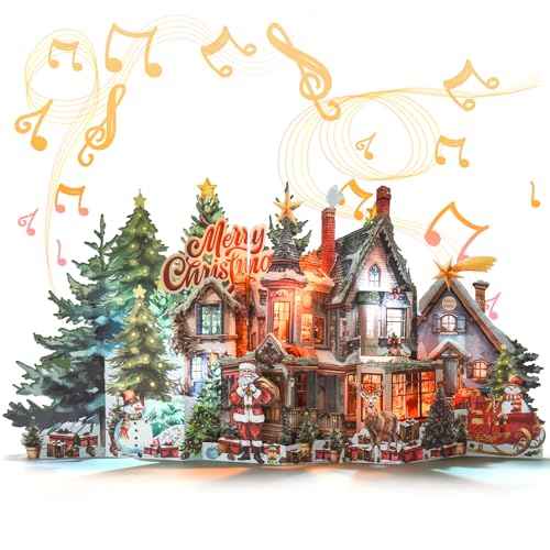 Pop Up Christmas Card, 3D Animated House Design, Jumbo Paper Xmas Giant Greeting Card with Music & Lights, Musical Christmas Gifts Card for Friends Family-Accordion Fold Xmas Villa