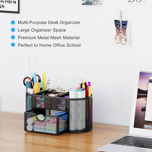 EasyPAG Mesh Pen Holder Desk Organizer with Drawer - Black, 9 Compartments
