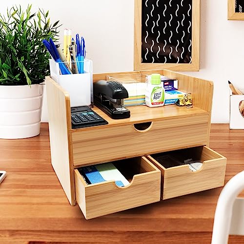 Sorbus Bamboo Desk Organizer - 3-Tier 100% Bamboo Desktop Organizers ? Mini Bamboo Desk Drawer Tabletop Storage Box Countertop Organization 3 Drawers & Shelf - Office, Makeup Vanity, Fully Assembled