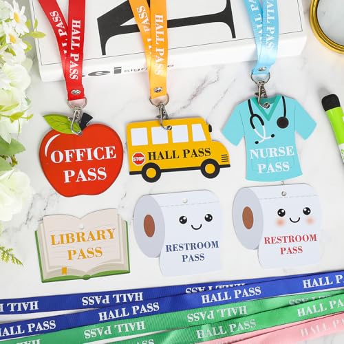 Cute Set of 6 PVC Classroom Passes with Lanyards - School Supplies, Office & Library Access, Teacher Organizer (Sereliy)