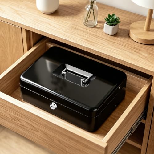 Parrency K-Black Cash Box with Money Tray, Key Lock, 11.8 x 9.5 x 3.5 in