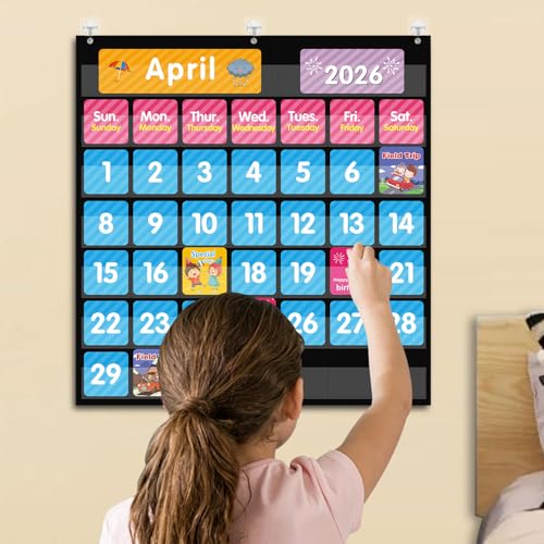 REGELETO 44 Pockets Classroom Calendar Pocket Chart with 85 Colorful Cards, 25” x 24” Black Learning Organizer for Home & School