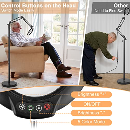Drdefi 10X Magnifying Glass with Light and Stand, 3-in-1 Adjustable Swing Arm Magnifying Floor Lamp, 5 Color Modes Stepless Dimmable LED Lighted Magnifier Lamp with Clamp for Craft Reading Close Work