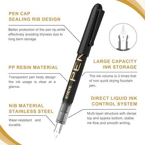 EYEYE Disposable Fountain Pens Fine Point, 4 Black 4 Blue Fountain Pens or Writing, Stainless Steel Nib, Smooth Writing for Journaling, Drafting, Sketching, Doodling & Office Supplies