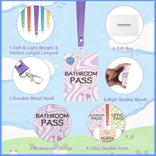 Chambom 8 Sets Classroom Hall Passes with Lanyards - Unbreakable Wooden Student Passes for Bathroom, Library, Nurse, Office, Classroom Supplies