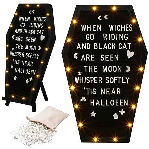 Colarr Coffin Black Felt Letter Board Built in LED Lights with Stand Halloween Decor, 500+ Characters White Precut Halloween Letter Board Home Decor with Linen Storage Bag 16.54 x 10.47 Inch