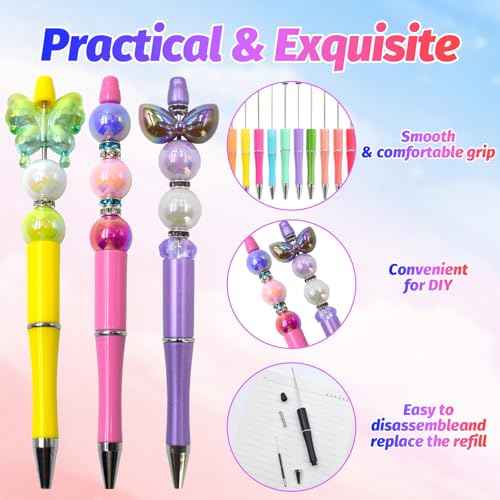 150 Pieces DIY Beadable Pens Kit - 50 plastic Beadable Pens Bulk, Refills & pen bags Included - Beaded Pens Black Ink Ballpoint Cute Pens£¨Bright£©