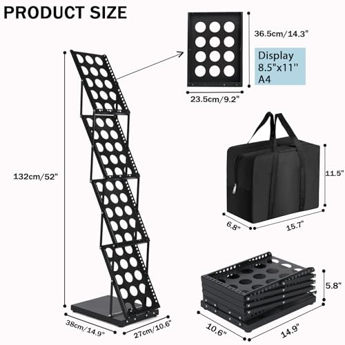 Brochure Display Stand Foldable Magazine Rack, Metal Brochure Holder Literature Rack with Carrying Bag, 4 Pockets Literature Stand for Exhibition Trade Show and Office Retail Store, Black