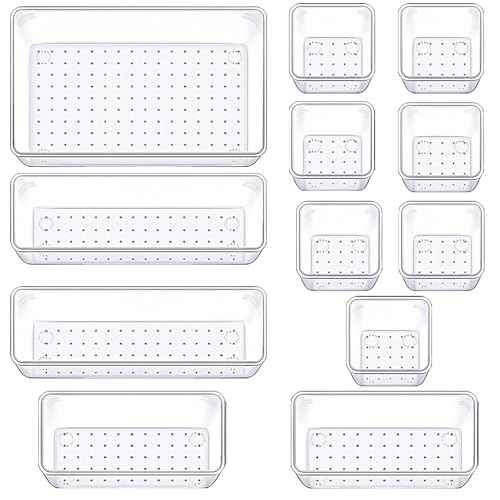 Drawer Organizers Set of 12, 4 Sizes Clear Plastic Drawer Organizers and Storage Bins for Kitchen, Bathroom, Office, Dresser Desk Drawer Organizer Tray for Jewelry, Makeup, Junk, Gadgets