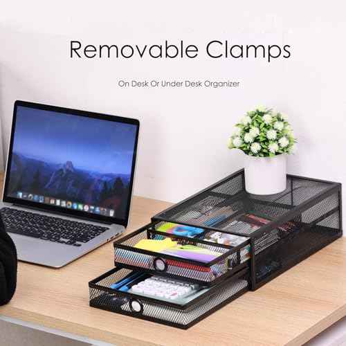 2-Tier Clamp-On Mesh Organizer, Under Desk Storage with Slide-Out Tray, No Drilling Tool-Free Installation, Durable Rust-Resistant Metal, Large-Capacity Organizer.