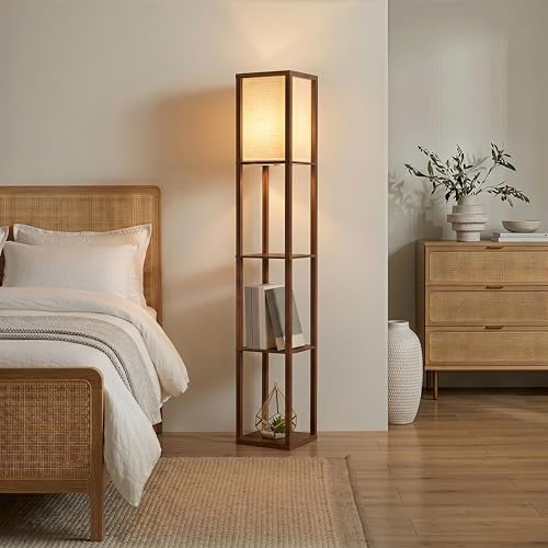 Brightech Maxwell Brown Floor Shelf Lamp with LED Bulb & Diffused Shade for Living Room & Bedroom