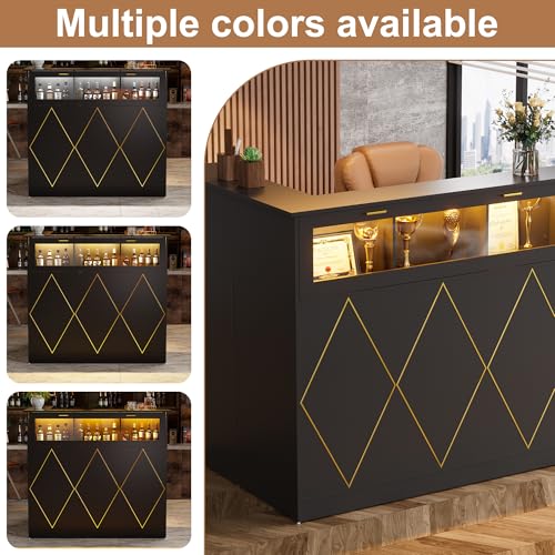 PAKASEPT 50" Modern Reception Desk with LED Lights, Glass Display Shelf, Black
