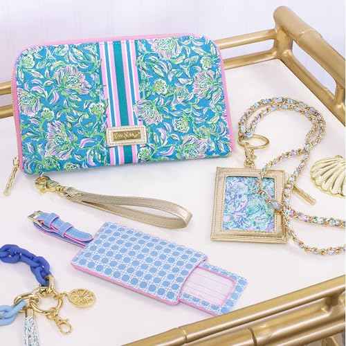 Lilly Pulitzer Lanyard with ID Holder, Keychain Wallet for School or Office, Gold Zipper Wallet, Badge Holder with Clear Window and Card Slots, Soleil It On Me