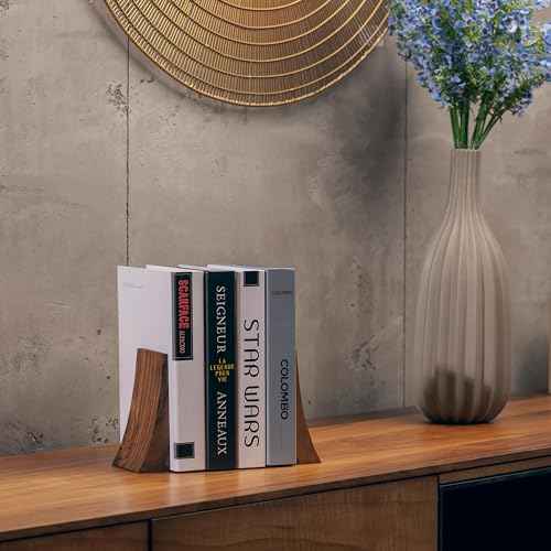 TILISMA Bookends, Walnut Wood with Metal Base - 2 Handmade Book Holders for Heavy Books - Decorative Accessories for Bookshelf Organization and Display