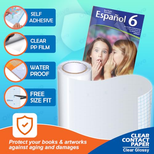 Olivo Clear Glossy Contact Paper Roll 17.5in x 10ft Peel & Stick for Crafts & Books
