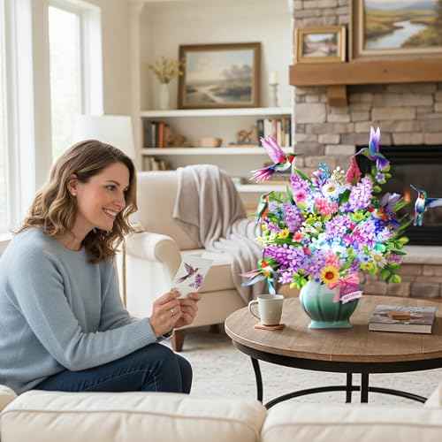 Birthday Cards, Light and Music Happy Birthday Card, Hummingbird Oasis, 10 Inch Life Sized Forever Flower Bouquet, 3D Pop Up Birthday Gift Card for Women Wife Mom Daughter Sister (Blank Notecard & Envelope)