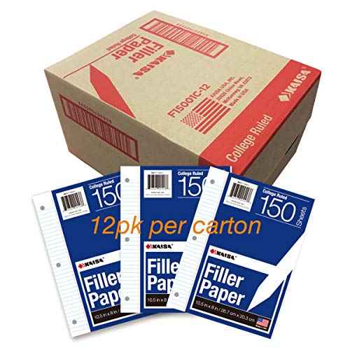 Kaisa Filler Paper Notebook Paper College Ruled 8"x10.5" Loose Leaf Paper for 3-Ring Binders 150 Sheet/pack,12pack (Total 1800 Sheets)