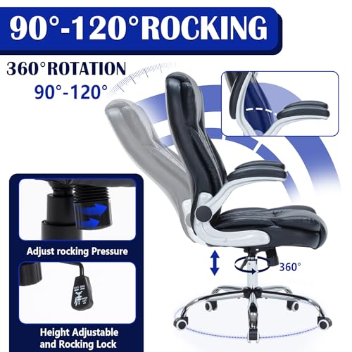 HESL 400lbs Heavy Duty Executive Office Chair Black Flip-Up Armrests Ergonomic Breathable PU Leather