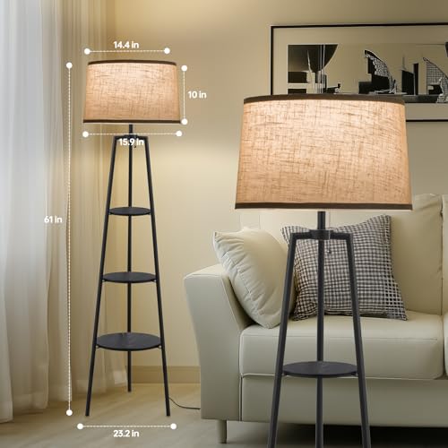 3 Tier Shelf Floor Lamps for Living Room, Modern Standing Lamp with 3 Color Temperature Led Bulb, Tall Lamps for Bedroom and Office, Black