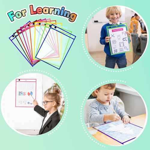 30 Packs Dry Erase Pocket Sleeves, Reusable Clear Plastic Classroom Pocket, 10x14 Inch Ticket Holders, Plastic Sleeves for School/Office Organization
