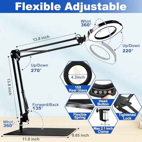 15X Magnifying Glass with Light and Stand, 2-in-1 Lighted Magnifying Desk Lamp Dimmable Magnifier Lamp with Light and Clamp Long Arm 84PCS LED Beads Real Glass Lens for Work Close Work Hobby
