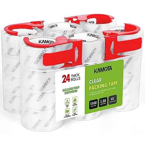 KAMOTA Packing Tape, 24 Rolls Heavy Duty Clear Packaging Tape for Shipping Packaging Moving Sealing, 1.88 inches Wide, 65 Yards Per Roll, Total 1560 Yards with 4 Dispensers