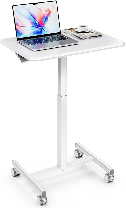 iPower Adjustable Height Standing Desk - Mobile Rolling Desk with Lockable Wheels | 28-43 Inch, White