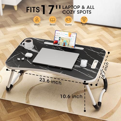 Dark Black Folding Laptop Bed Desk 23.6 Inch with Cup Holder & Marble Pattern