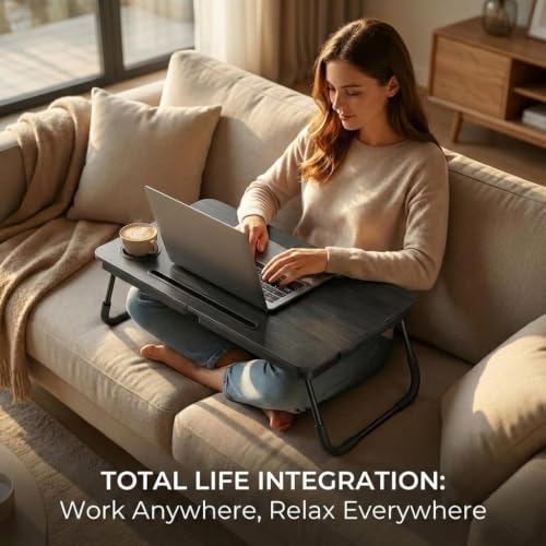 BUYIFY Black Foldable Lap Desk Bed Table with Cup Holder & Tablet Slot