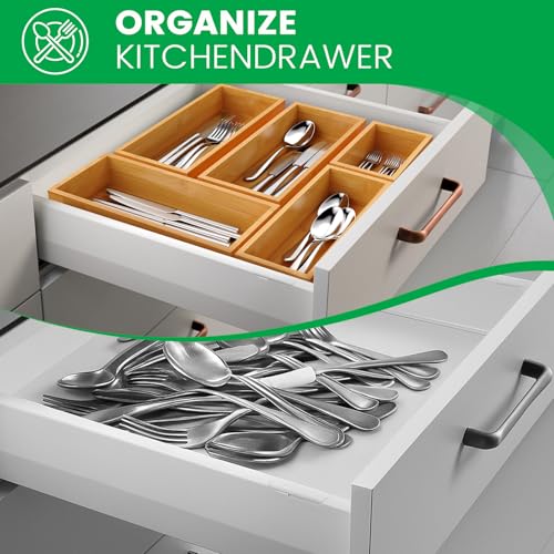 Bamboo Drawer Organizer Set - 5-Piece Kitchen, Bathroom & Office Storage Trays