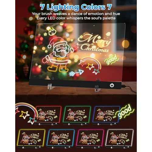 Led Note Board with 7 Colors 13.7"X10", Acrylic Dry Erase Board with Light, Doodle Glow Drawing Board with 5 Modes, Touch Control, LED Drawing Board for Kids with Stand, 7 Markers