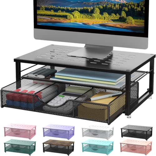 Gianotter Black Monitor Stand Riser with Drawer - Adjustable Desk Organizer