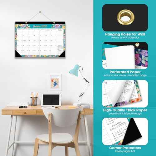 Desk Calendar 2026, 21 Months Calendar Runs from October 2025 to June 2027 - Large 17" x 12" Desktop/Wall Monthly Calendar for Home School, or Office - Floral