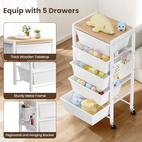 Time Forest 5-Drawer Rolling Storage Cart with Wheels & Wooden Top - Bright White
