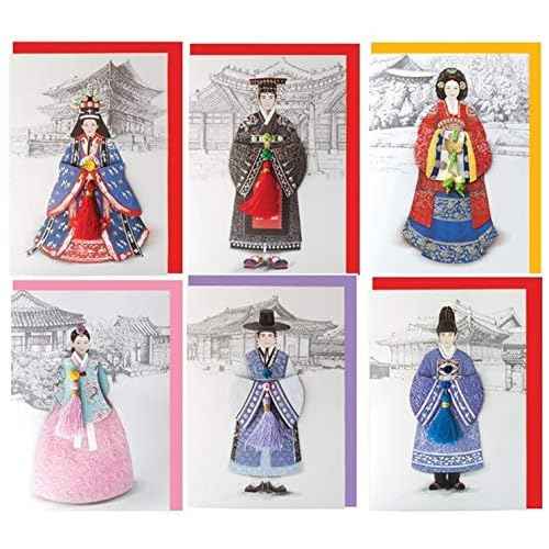 From&to Hanbok 6pcs Korean Royal family Dress Cards Sets korea souvenir Korean Clothes Traditional Greeting Cards Thank you Birthday Wedding Anniversary Invitation New Year Card &Envelope (ft221)
