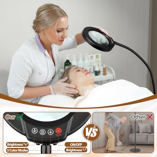 10X Magnifying Glass with Light and Stand, 24" Flexible Gooseneck Magnifying Floor Lamp, 3-in-1 LED 5 Color Modes Stepless Dimmable Lighted Magnifier Hands Free for Close Work, Hobby, Reading