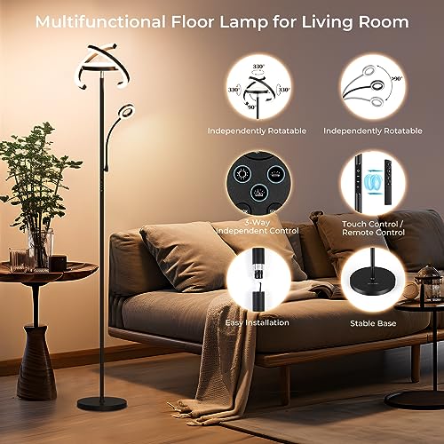 FIMEI 3 in 1 Floor Lamp, Modern Bright Standing Lamp with Split Rotatable Outer Ring Light and Small Reading Light, 4 Color Temperature and Dimmable, 3-Way Independent Control for Living Room Office