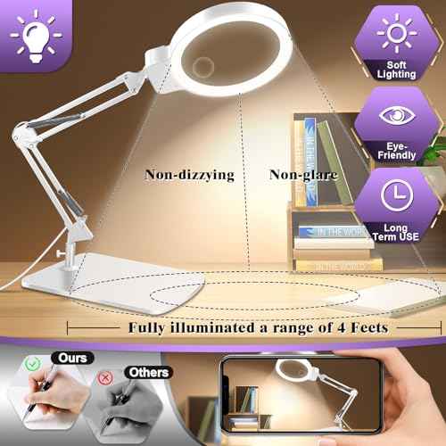 10X 30X Large Magnifying Glass with Light and Stand, 5-inch Lighted Magnifier, 72 LED 3 Color Modes Stepless Dimmable, Hands-Free Magnifying Glass Desk Lamp for Reading Craft Hobby Close Work White