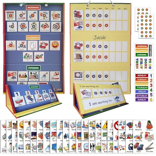 SchKIDules Deluxe Magnetic Visual Schedule & Reward Chart w/189 Colorful Magnets & Reversible 18¡± Folding Board for Daily Routines, Chores, Behavioral Supports, Kids Calendar, ADHD & Autism Icons